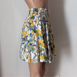 l’ago magico 100% linen ruched waist majolica print skirt